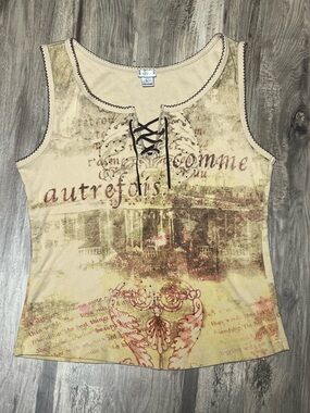 Vintage Lapis Y2K Grunge Fairycore Lace Up Tank Top Beige Graphic 100% Cotton L